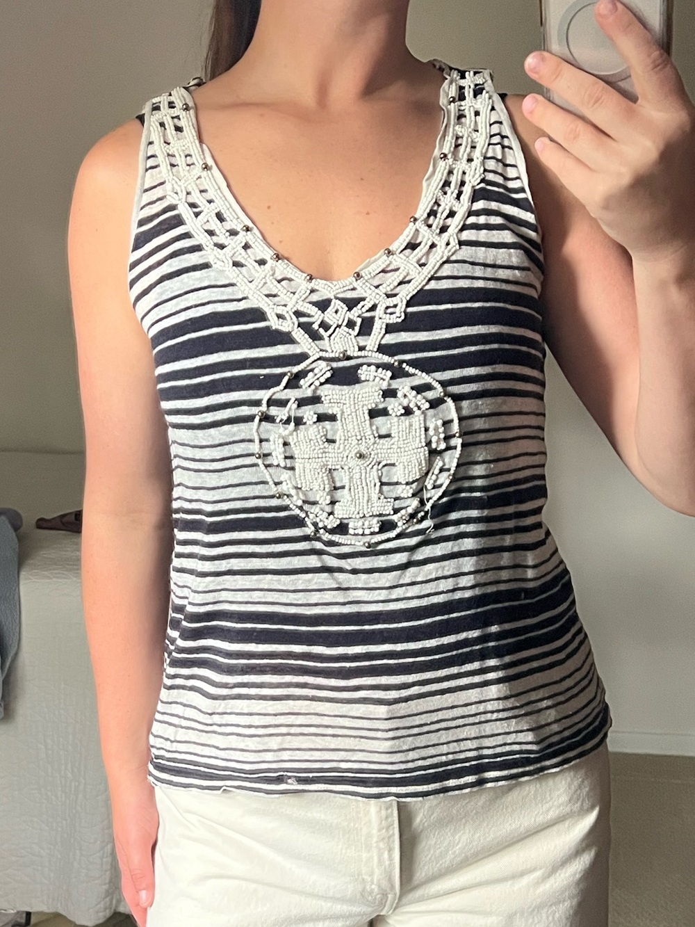 Tory Burch Navy and White Striped Crochet-Trim Tank